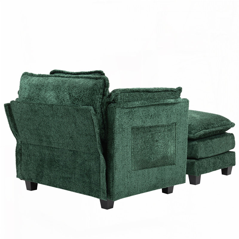 Boucle Fabric Club Chair Armchair with Ottoman, Dark Green