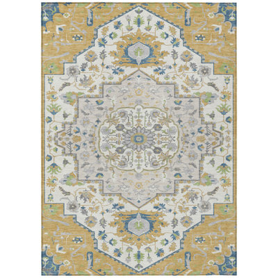 5' X 8' Gold Ivory And Blue Oriental Washable Indoor Outdoor Area Rug