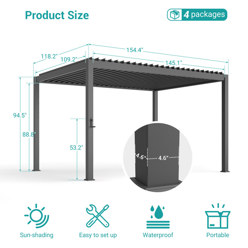Aluminum Pergola with Adjustable Louvers for Outdoor with Rainproof Canopy, 10 ft x 13 ft, Charcoal Gray