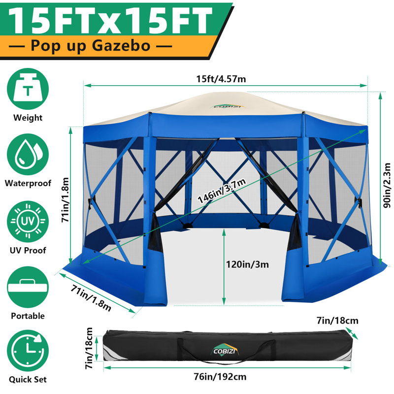 Pavillon de jardin escamotable 15x15 avec moustiquaire pour camping, moustiquaire et moustiquaire