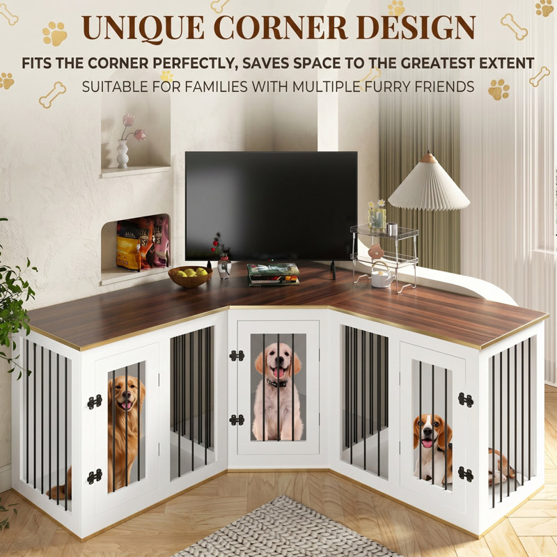 Meuble de coin pour chien de 113 po pour 3 chiens, chenil d'intérieur en bois robuste avec cloison, cage 3 en 1 pour petits et grands chiens