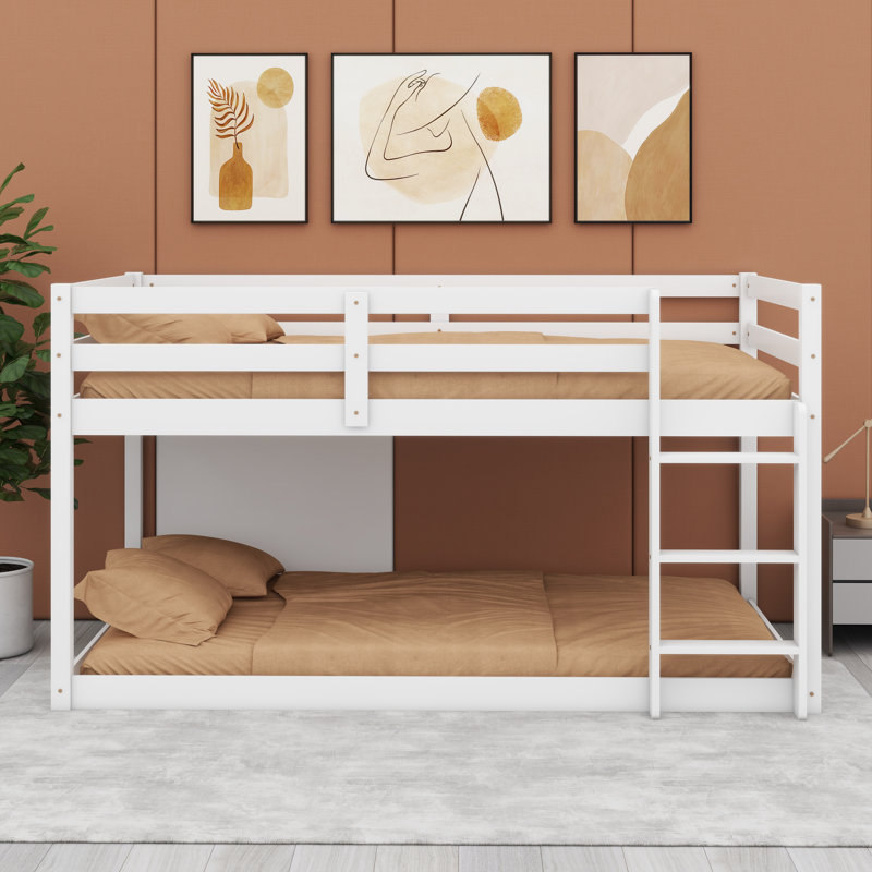 Solid Rubber Wooden Floor Bunk Bed With Ladder And Strengthened Slats, White
