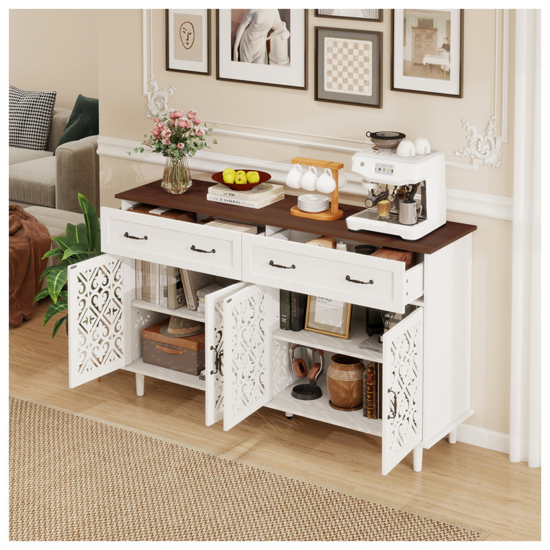 Vintage Sideboard Buffet Cabinet with Hand-Carved Geometric Doors, 2 Drawers & 4 Doors Storage Console for Dining Room