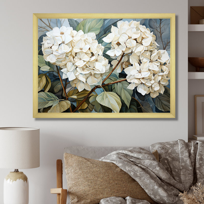 «Cubist Hydrangea L'interpretation» - art mural hortensia, Cadre doré simple, H 24 po x l 32 po x P 1 po