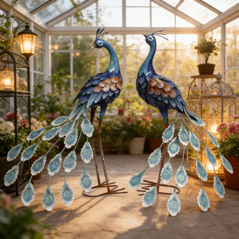 Ensemble de 2 statues de paon en métal peintes à la main, art de jardin extérieur de 29 pouces pour le patio et la cour