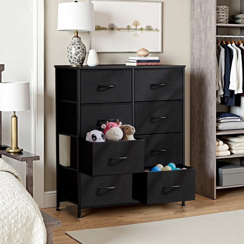 Wassil 8 Drawer 31.5''W Double Fabric Dresser With Wood Grain Prints, Black