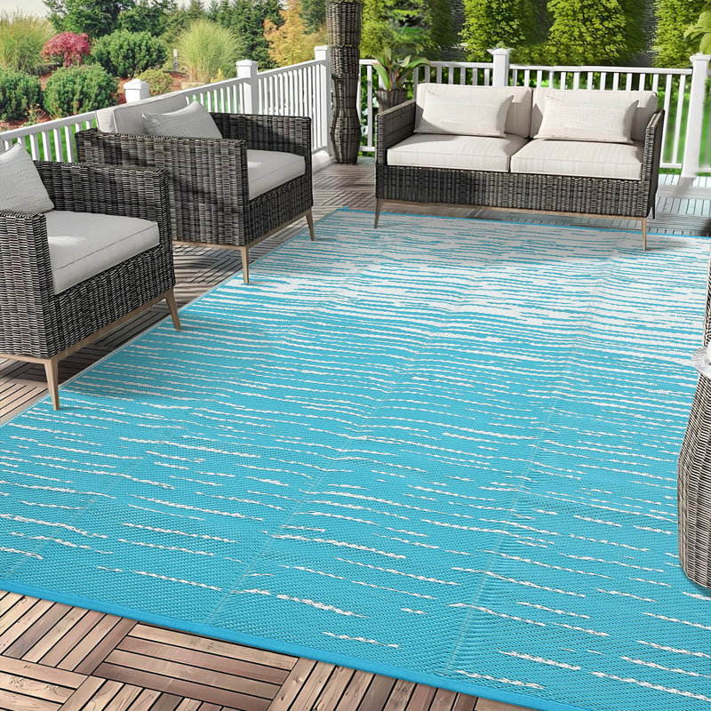 Tapis d'extérieur imperméable moderne à bordure et à carreaux pour tapis, Bleu, Rectangle de 5 pi x 8 pi