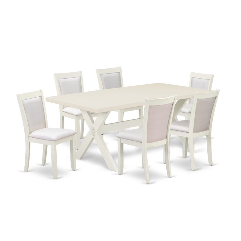 Ensemble de salle à manger moderne 7 pièces comprenant une table rectangulaire en bois avec pattes en X et 6 chaises de salle à manger Parson en tissu lin crème.