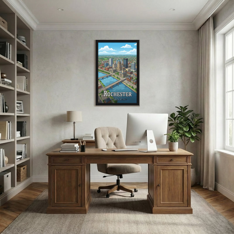 Paysages pittoresques et urbains Rochester avec rivière et bâtiments, H 24 po x l 16 po