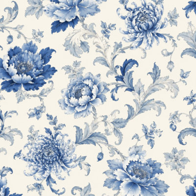 Peel and Stick Wallpaper Vintage French Floral Toile Blue Contact Paper Removable Self Adhesive Wall Mural Wall Decor for Bedroom Kitchen Cabinets 24in x 118in