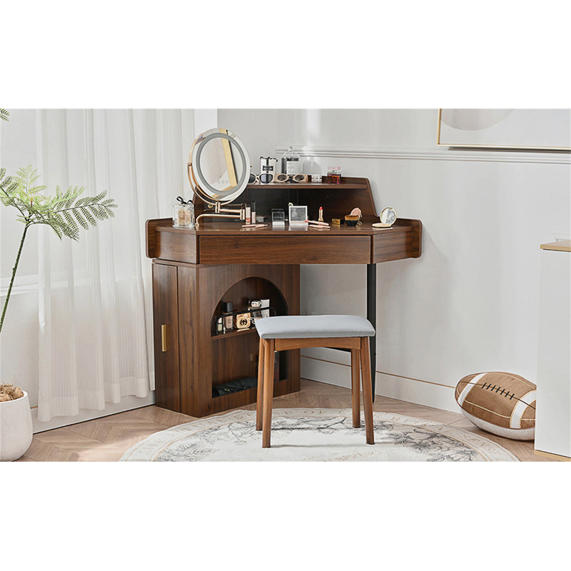 Ensemble de meuble-lavabo de coin moderne avec miroir à DEL et tabouret, coiffeuse avec grand rangement pour petite place, miroir pliant réglable en luminosité