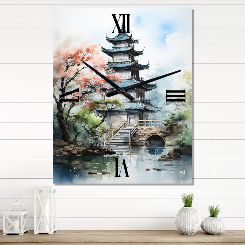 Asian Art Serene Pagoda III - Horloge murale asiatique, H 40 po x l 30 po x P 1 po