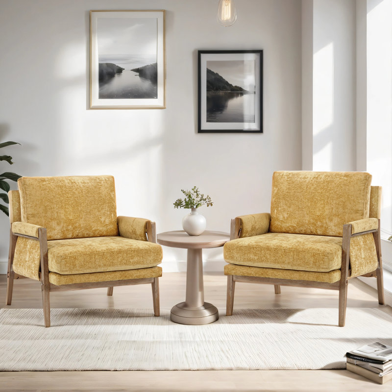 Ensemble de 2 chaises avec accoudoirs en chenille 30 po Mid-Century, Chenille jaune