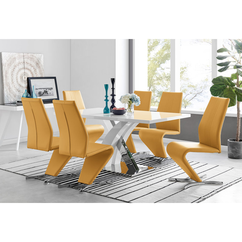 Marietta Chrome Metal and White High Gloss Dining Table Set - 6 Luxury Modern Dining Chairs, Mustard