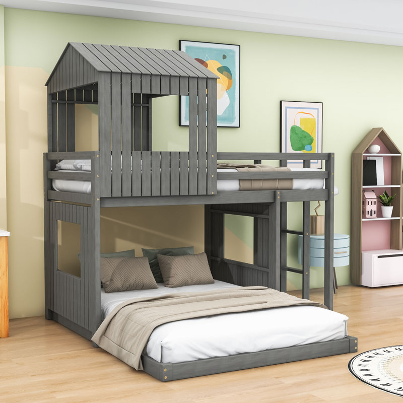 Lit superposé double en bois avec maisonnette en bois, Gris antique