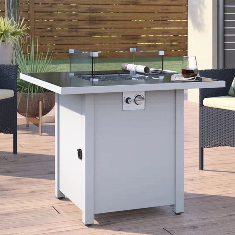 30" Metal Fire Pit Table With Smoked Glass, Stainless Steel, Powder-coated Finish, Rust & Heat , Outdoor Square Design, Propane Gas Compatible, 40k Output, Adjustable Flame, Lava Rocks Included,