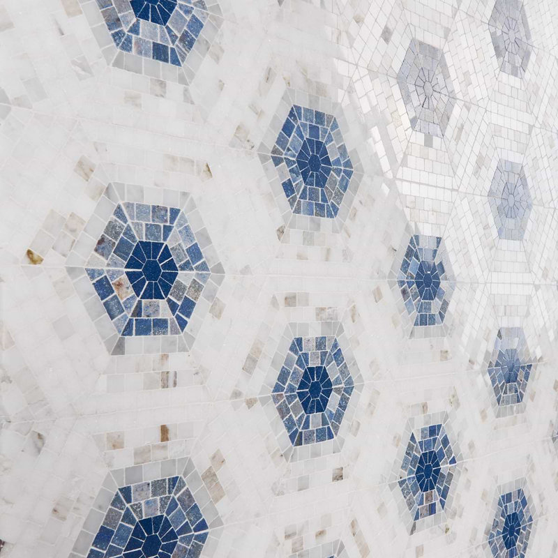 Ako 6" Hexagon Marble Micro Mosaic Tile, Azul Blue