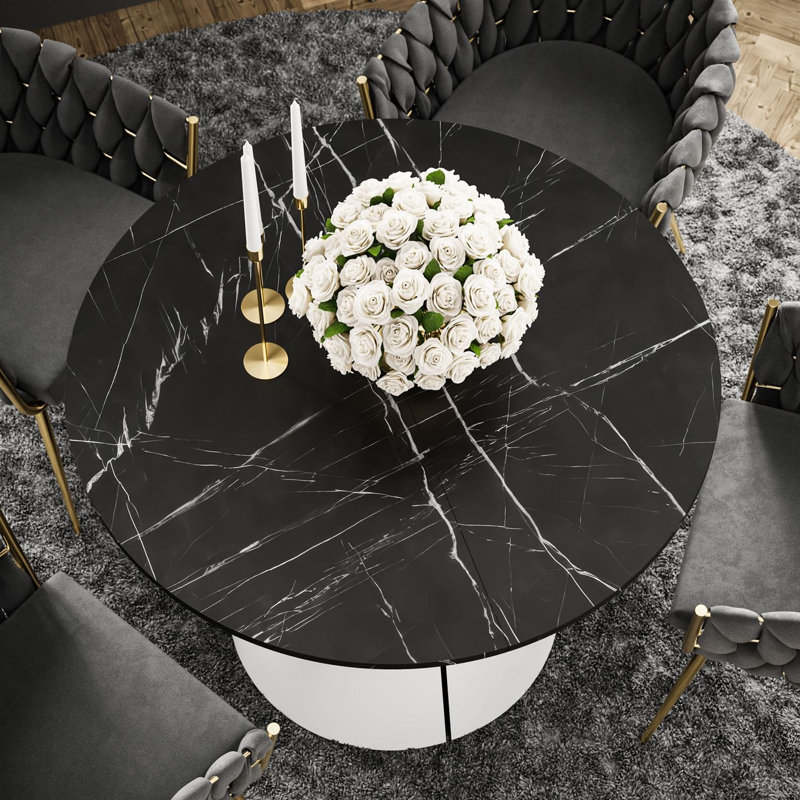 Extendable Dining Table, White / Black Pietra Grigia