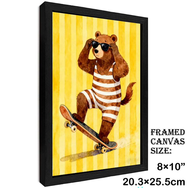 Reproduction d'art encadré noir rétro avec planche à roulettes rétro, H 11 po x l 9 po