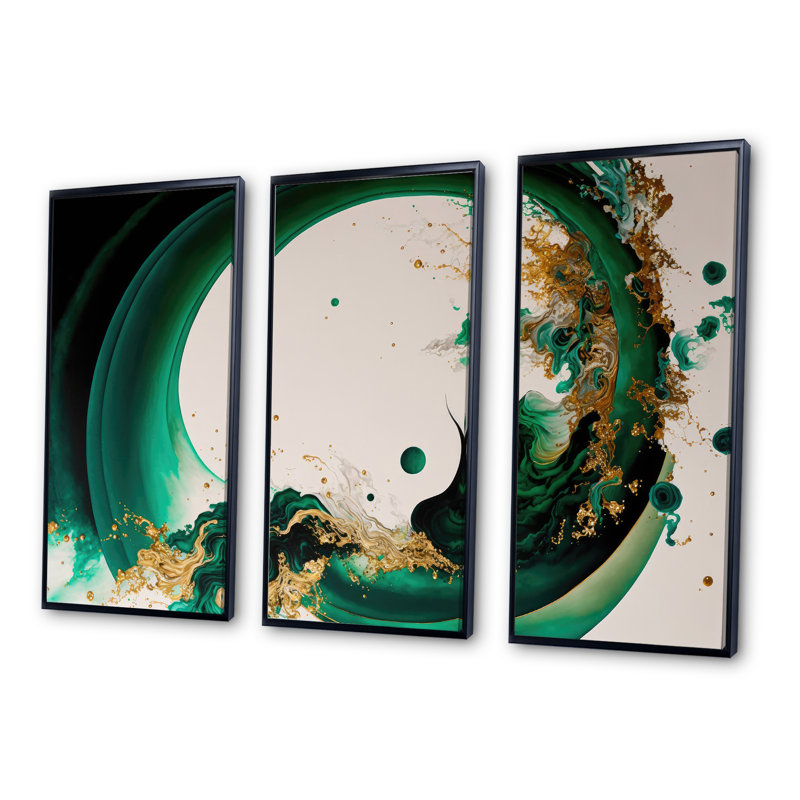 «Dojno Emerald Green and Gold Abstract Waves II», reproduction sur toile 3 pièces, Cadre noir, H 32 po x l 48 po x P 1 po