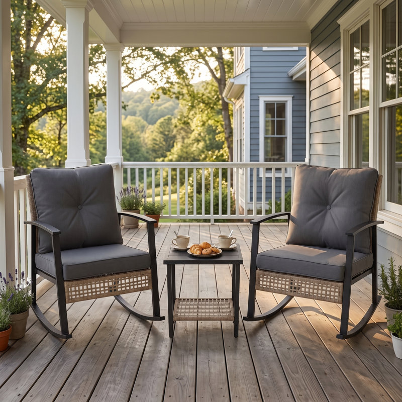 Yardgrace 3-Piece Outdoor Rocking Bistro Set With Cushions & 2-tier Coffee Table, Gray
