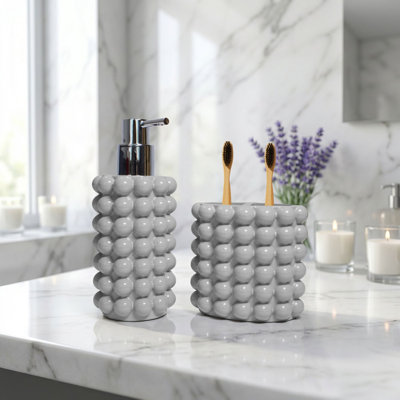 Riehemann Bubble Textured 2PC Bathroom Accessories Set, Resin Soap Dispenser & Toothbrush Holder for Bathroom Vanity, Guest Bathroom, Apartment & Dorm Use, Gray