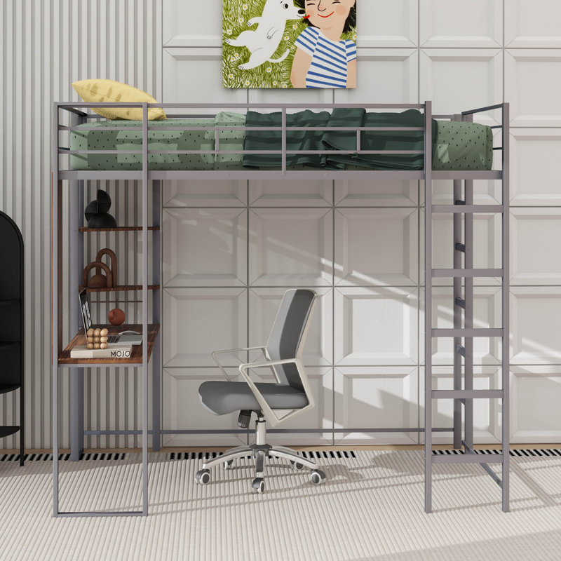 Lit mezzanine pour enfants avec 2 tablettes et 1 bureau Gatland, Double, Argenté / Brun
