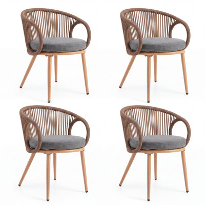Ensemble de 4 chaises de jardin tressées en corde avec coussins, idéales pour terrasse, jardin et balcon.