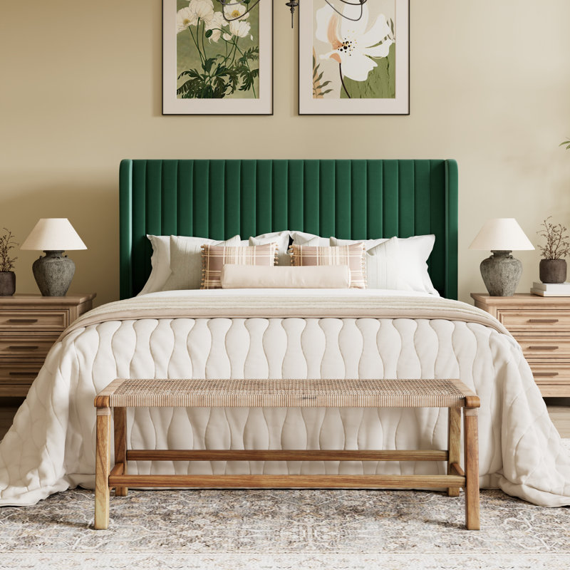 Candler Velvet Upholstered Platform Bed with Wingback Headboard and Wooden Slats, Green, Queen