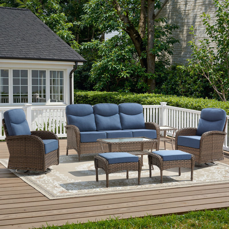 Arbor 7 - Person Outdoor Wicker Furniture Conversation Patio Set With Plush 6" Cushions, All-Weather Comfort, Blue