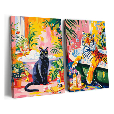 «Cute Tiger», impressions sur toile, peintures murales de salle de bain chat noir, reproduction de baignoire chat et tigre, décor de toile esthétique rose, 12 po x 16 po, 2 pièces