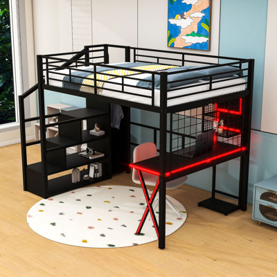 Lit mezzanine avec bureau à DEL intégré, garde-robe et escalier de rangement