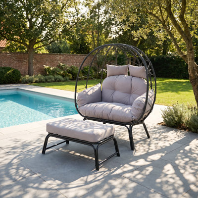 2-Person Patio Wicker Rattan Egg Chair & Ottoman Set With Cushions & Washable Covers