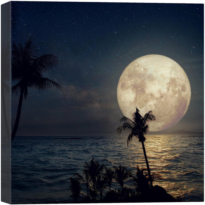 «Harvest Moon Tropical Palm Tree Ocean Sea Island», reproduction sur toile, H 16 po x l 16 po x P 1,5 po