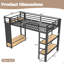 Lit simple avec très grand lit avec garde-robe, lit mezzanine en métal avec tablettes de rangement et panneau perforé, noir