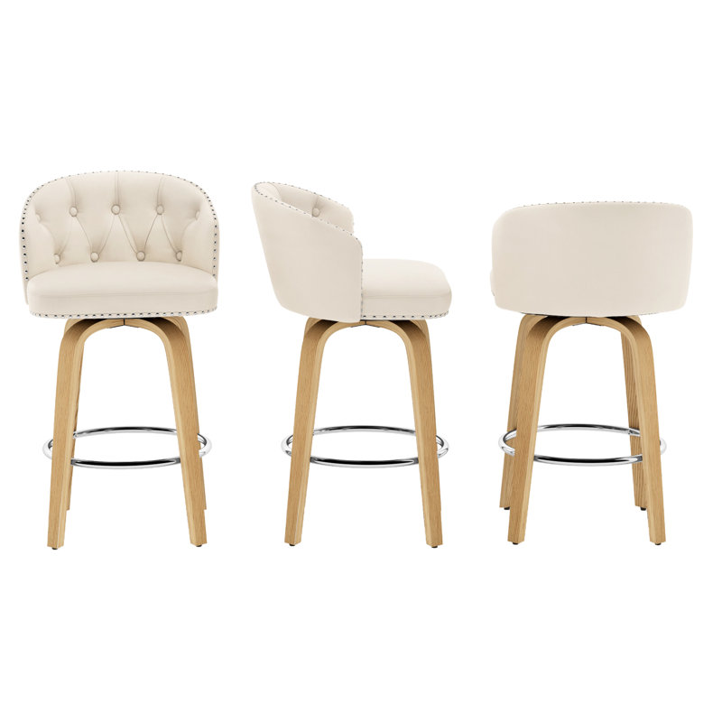 Caelus Swivel Upholstered Counter & Bar Stool With Wood Frame (Set Of 3), 3, Ivory