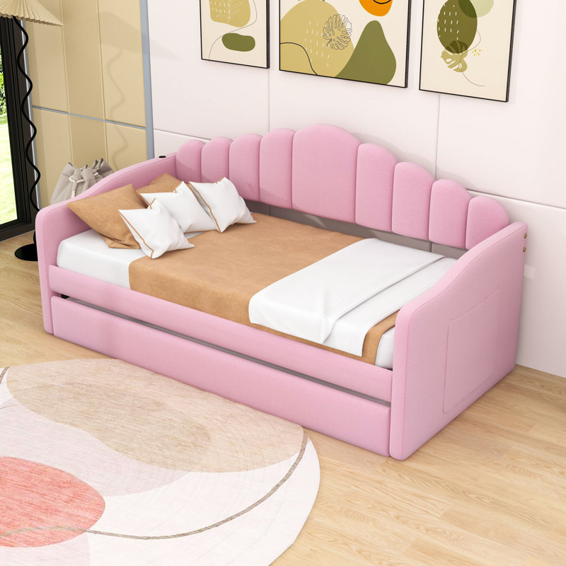Twin Upholstered Daybed with USB Charging Ports and Trundle, Twin, Pink