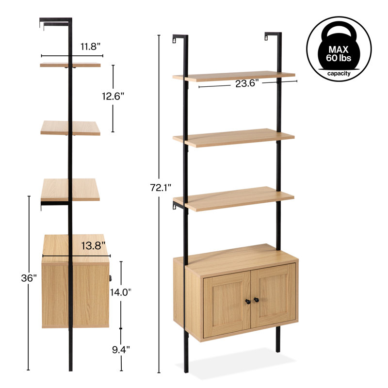 Bibliothèque échelle industrielle en bois à 4 tablettes avec armoire et structure métallique Mireille, Chêne clair / Noir