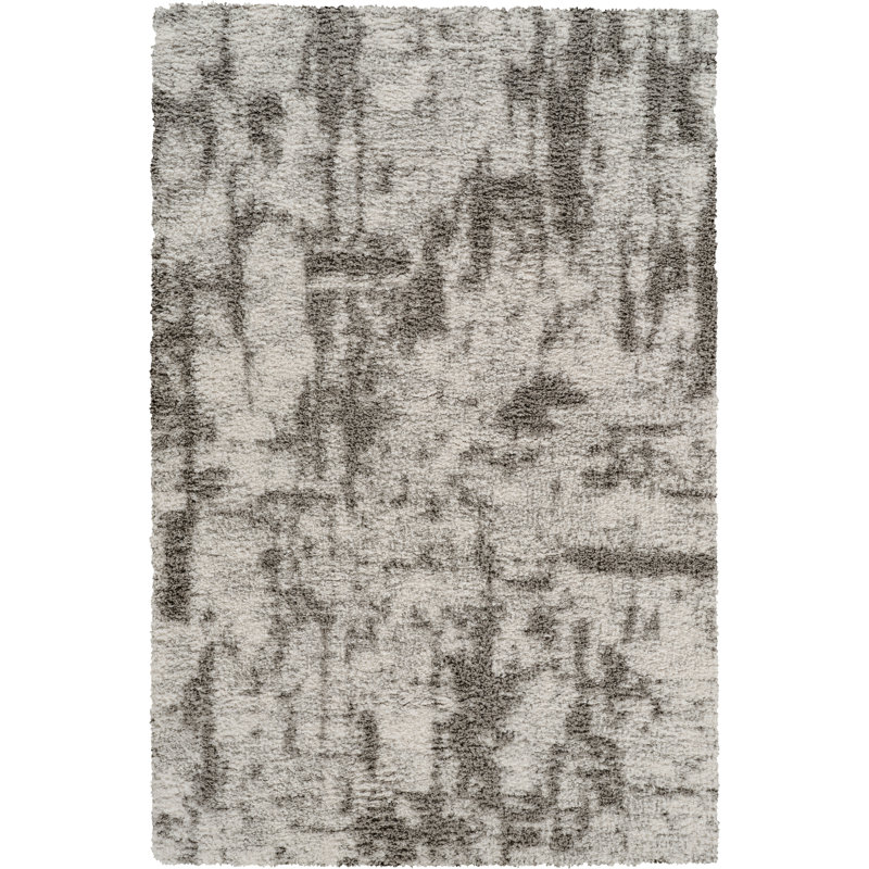 Tapis moderne à poils longs abstraits, lavable, couleur ivoire et gris mousse, Ivoire / Gris, 10 pi 0 po x 14 pi 0 po