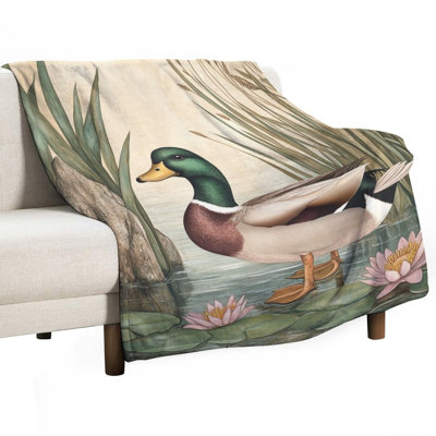 Mallard Duck by Water Lilies Reeds Luxury Flannel Throw Blanket, Soft Warm Fuzzy Blanket for Living Room Sofa Bed Home Decor