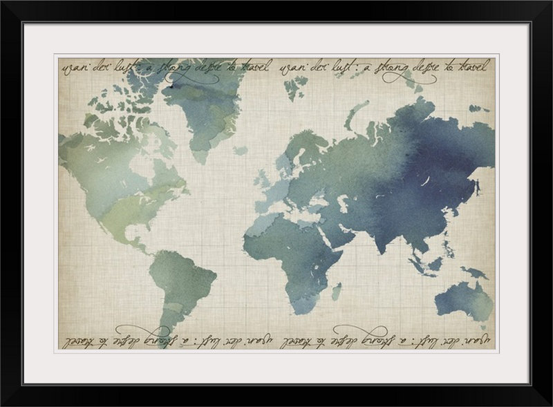 Pritzker Watercolor World Map, «Grace Popp», impression, Cadre noir, H 20 po x l 26 po x P 1 po
