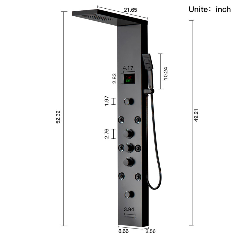 8.66" 8-Jet Rainfall Shower Panel System with Rainfall Waterfall Shower Head, Shower Wand and LED Light in Matte Black
