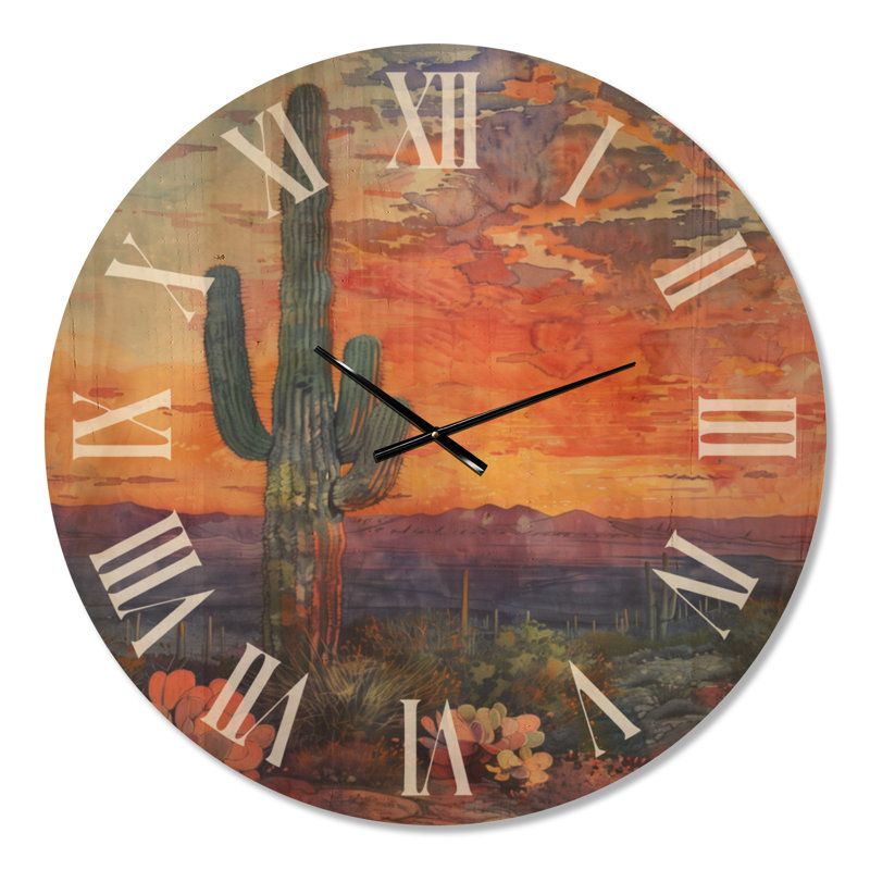 Très grande horloge murale en bois botanique - Cactus Desert Sunset II, Oversized