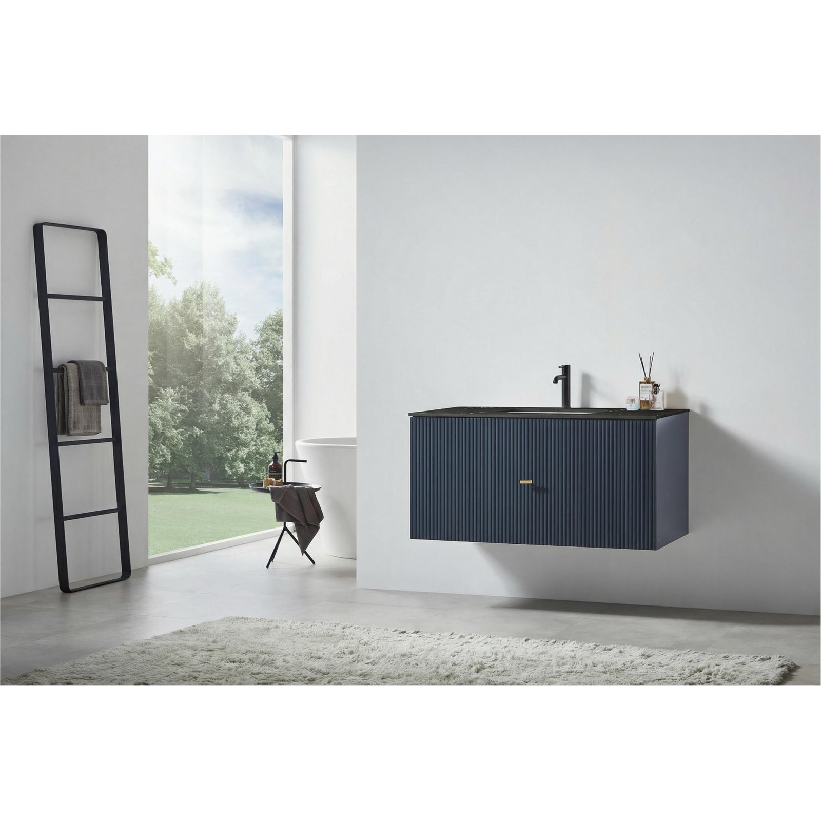 Jamell 42 Wall Mount Modern Bathroom Vanity, Dark Blue, Black