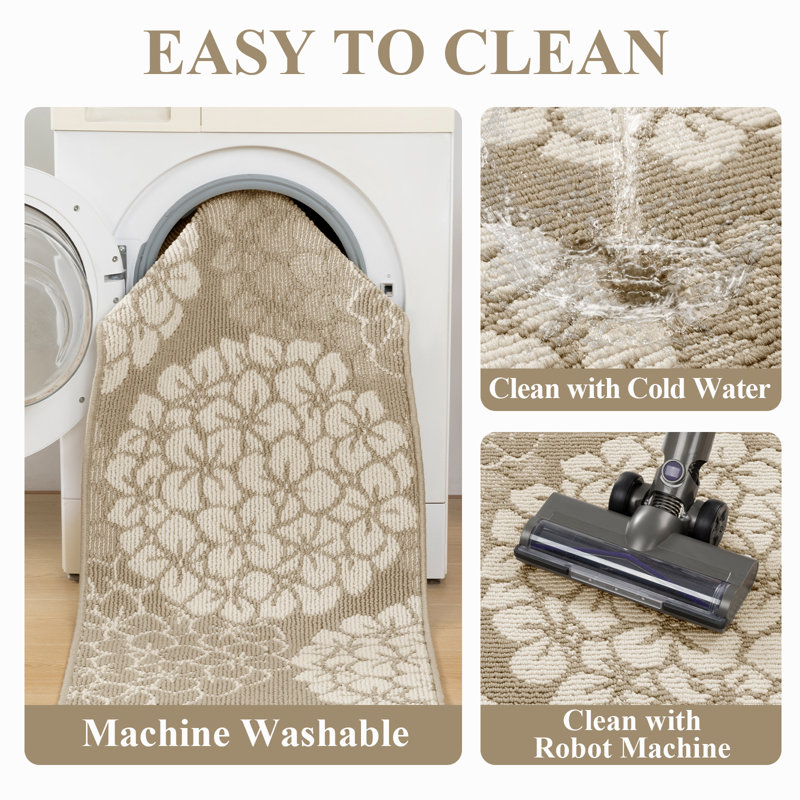 Hydrangea Stain-resistant Kitchen Mat (Set of 3), Beige
