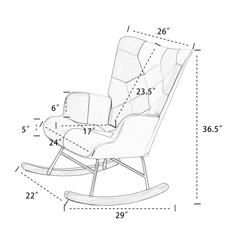 Chaise berçante d'appoint, chaise berçante en tissu Mid-Century avec pieds en bois et lin patchwork pour le salon
