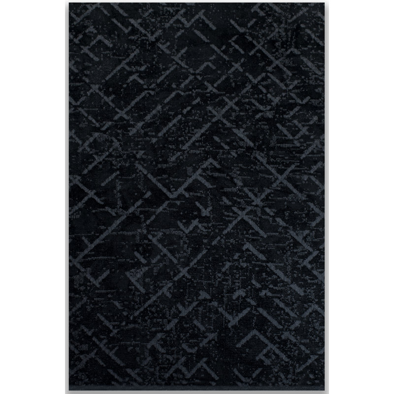 Tapis noir géométrique en coton tissé à plat, Rectangle 7 pi 10 po x 9 pi 10 po