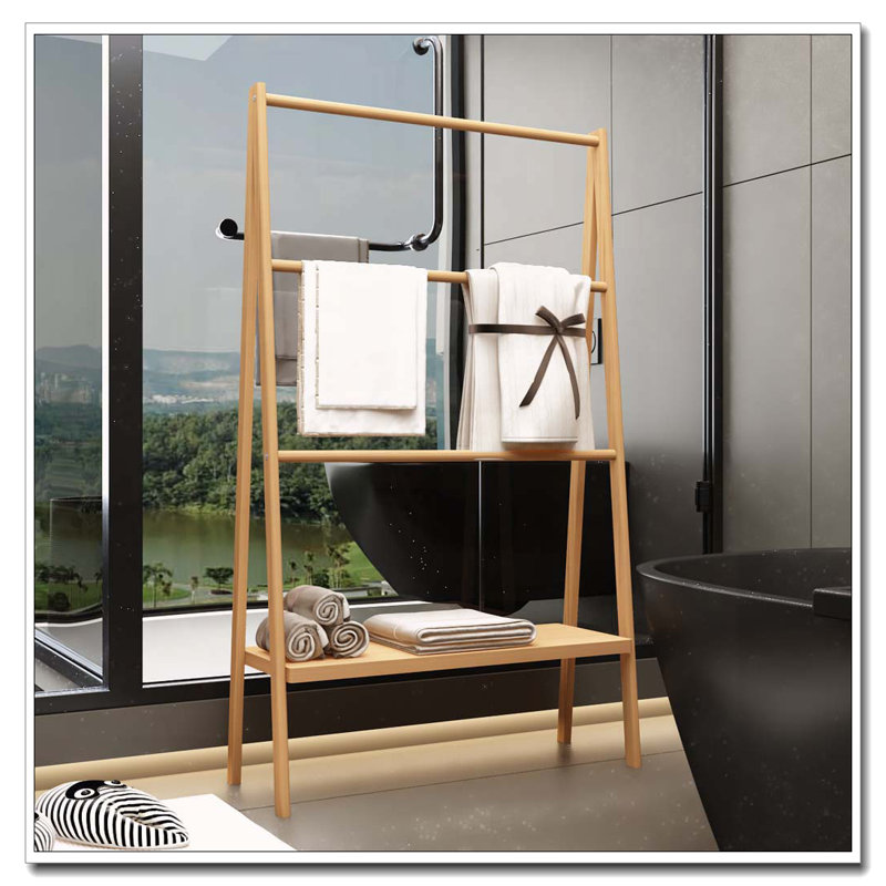 Porte-serviettes échelle en bambou avec tablette de rangement