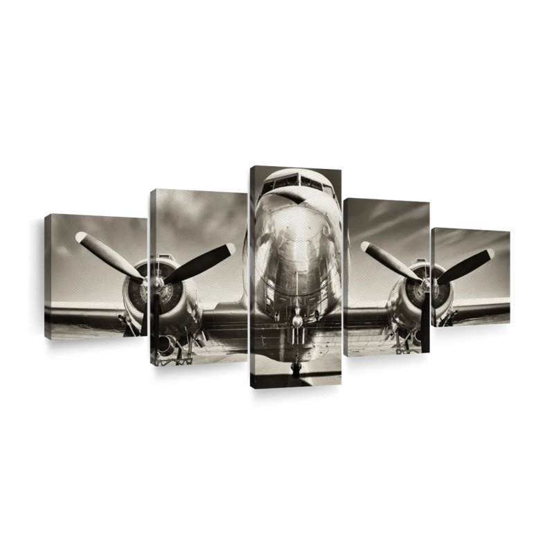 Avion rétro - image multiple de 5 pièces sur toile tendue, H 30 po x l 68 po x P 1,25 po