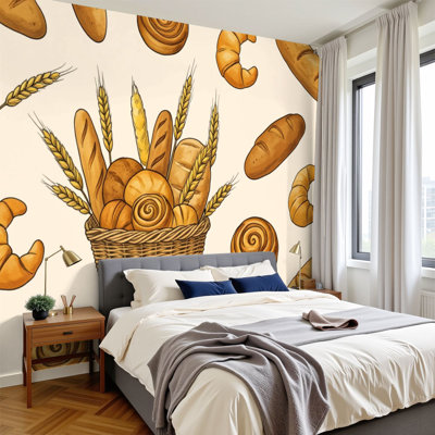 Peel and Stick Wallpaper Assorted Fresh Breads Croissants Wheat Wall Murals 100"H x 144"W Removable PVC Wall Paper Self-Adhesive Wall Paintings Art Decor for Bedroom Living Room Office Nursery